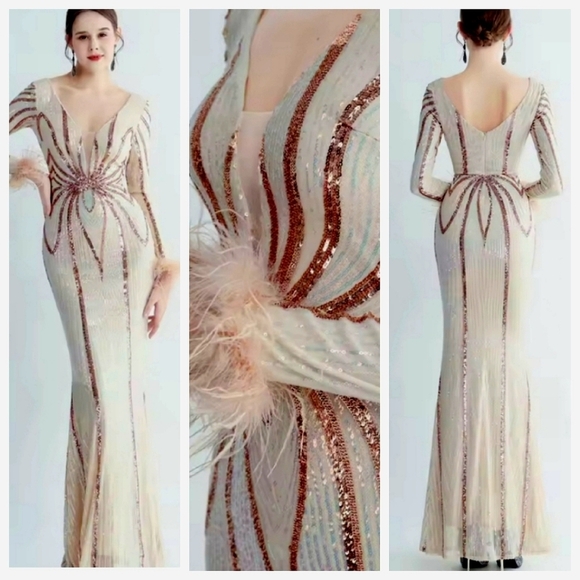 Gold Sequin Embellished Long Sleeve Gown - Picture 1 of 15